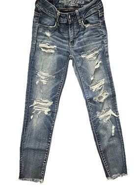 American Eagle Outfitters Women's Distressed Skinny Jeans - Blue Wash